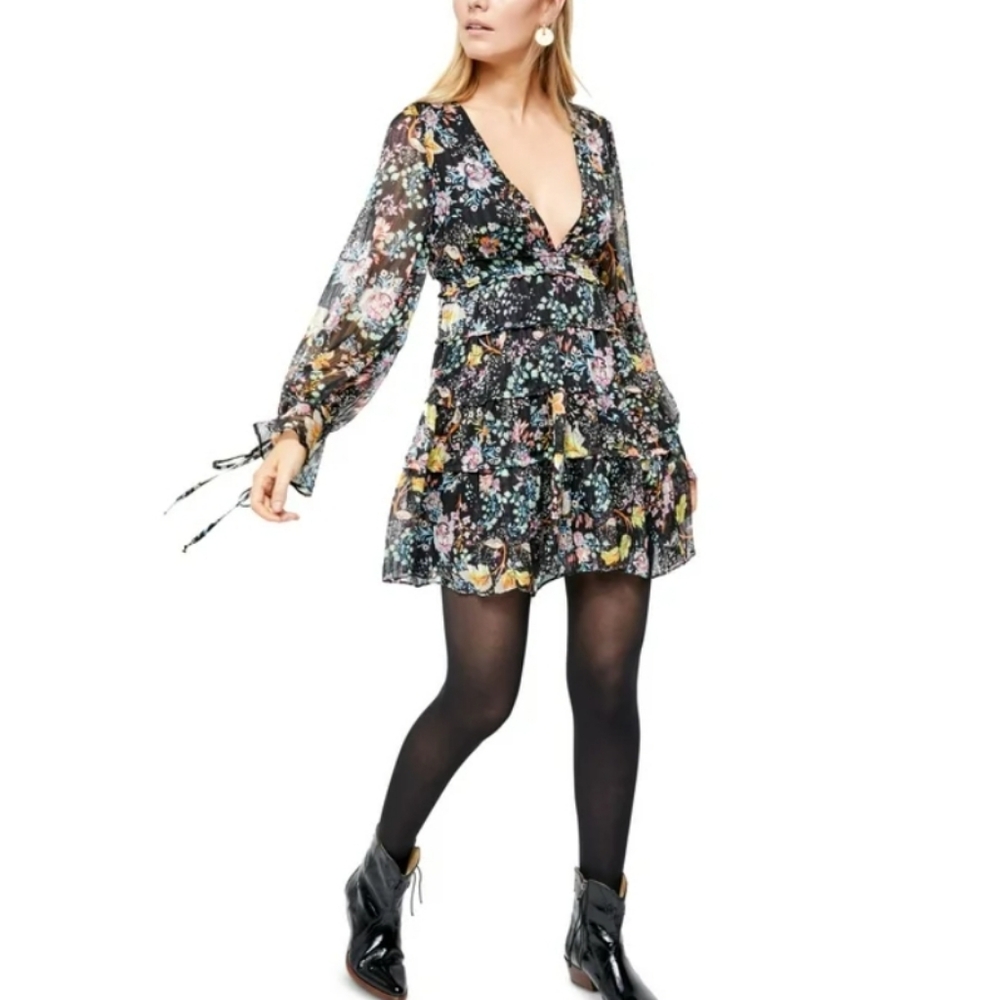 Free People Closer to the Heart Black Floral Ruffled Tiered Mini Dress